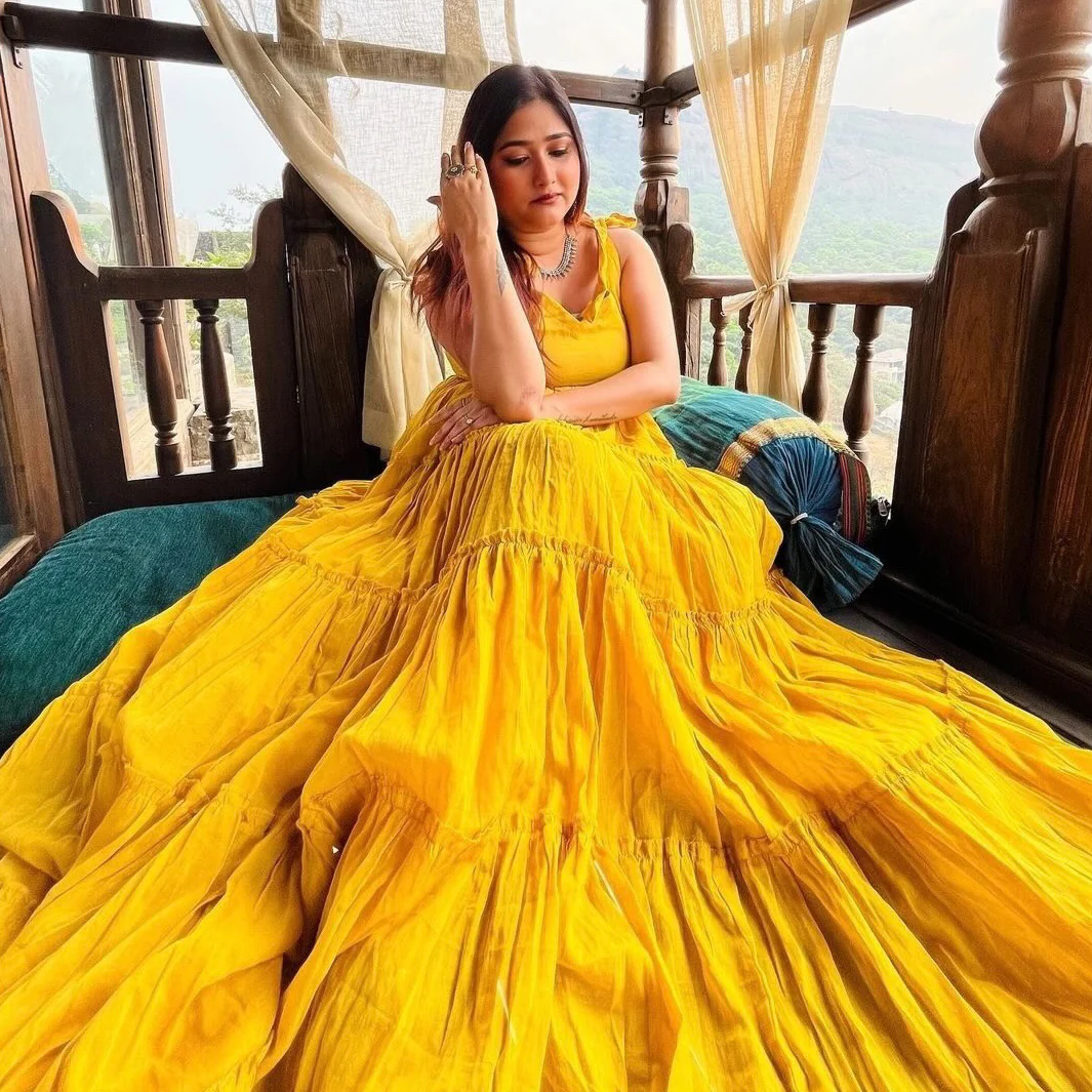 Yellow Tiered Maxi Dress with Tie - up sleeve - Flowy Ethnic Funsion Outfit - 007