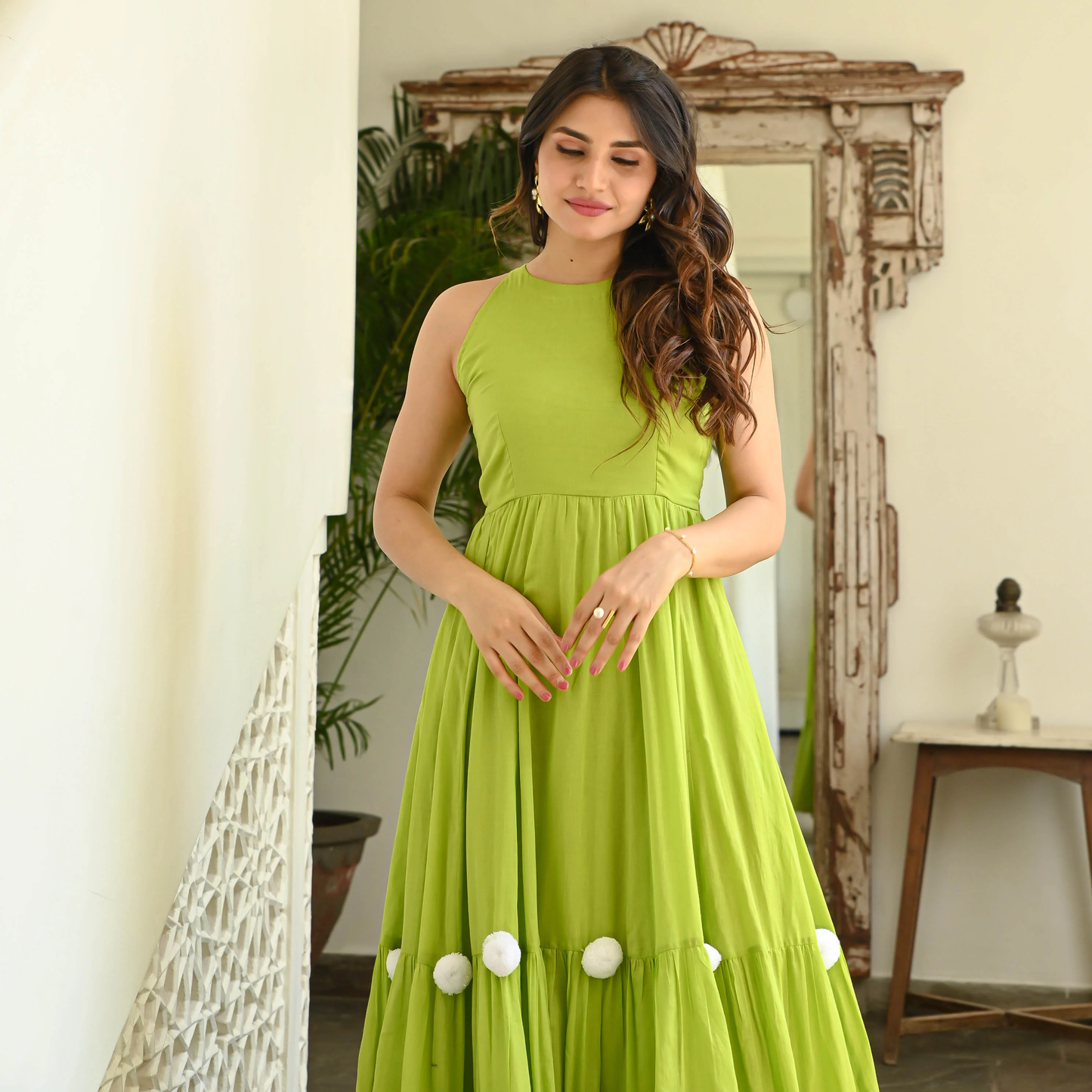 Lime Green Tieres Maxi Dress White pom-pom Detailing - 001