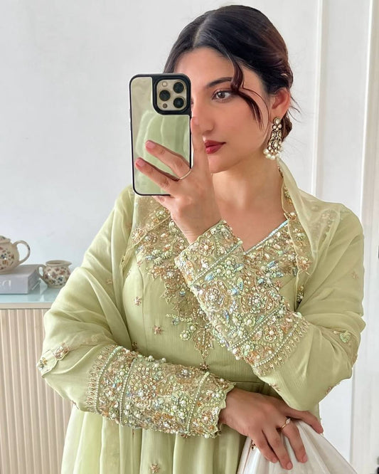 Launching Nargish New Designer Party Wear Pista Color Gown Set.FZ-419