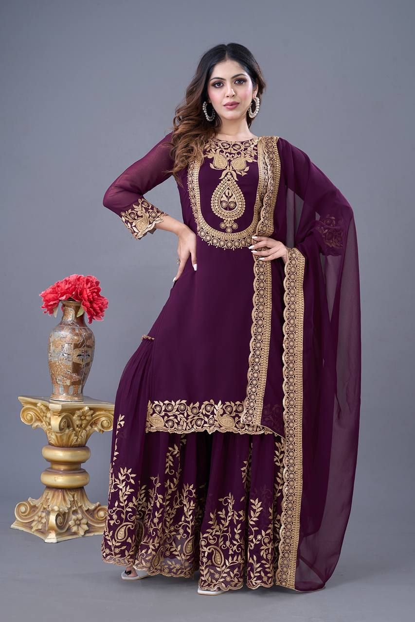 Embroidered Georgette Sharara Suit – Premium Party Wear Set with Dupatta KFS-5242