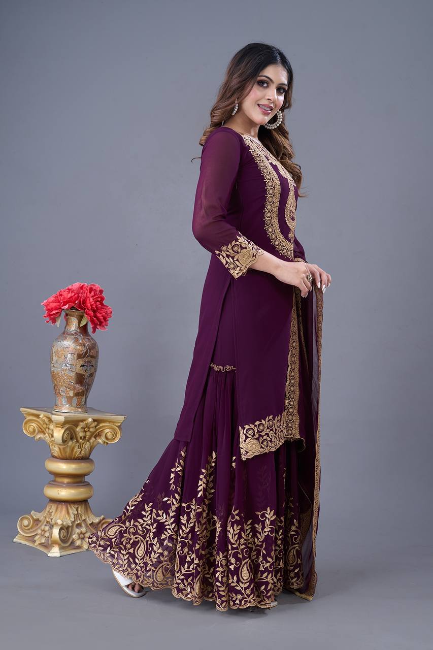 Embroidered Georgette Sharara Suit – Premium Party Wear Set with Dupatta KFS-5242