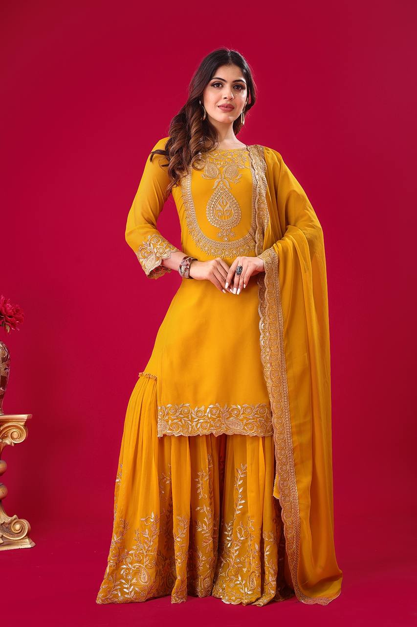 Embroidered Georgette Sharara Suit – Premium Party Wear Set with Dupatta KFS-5242