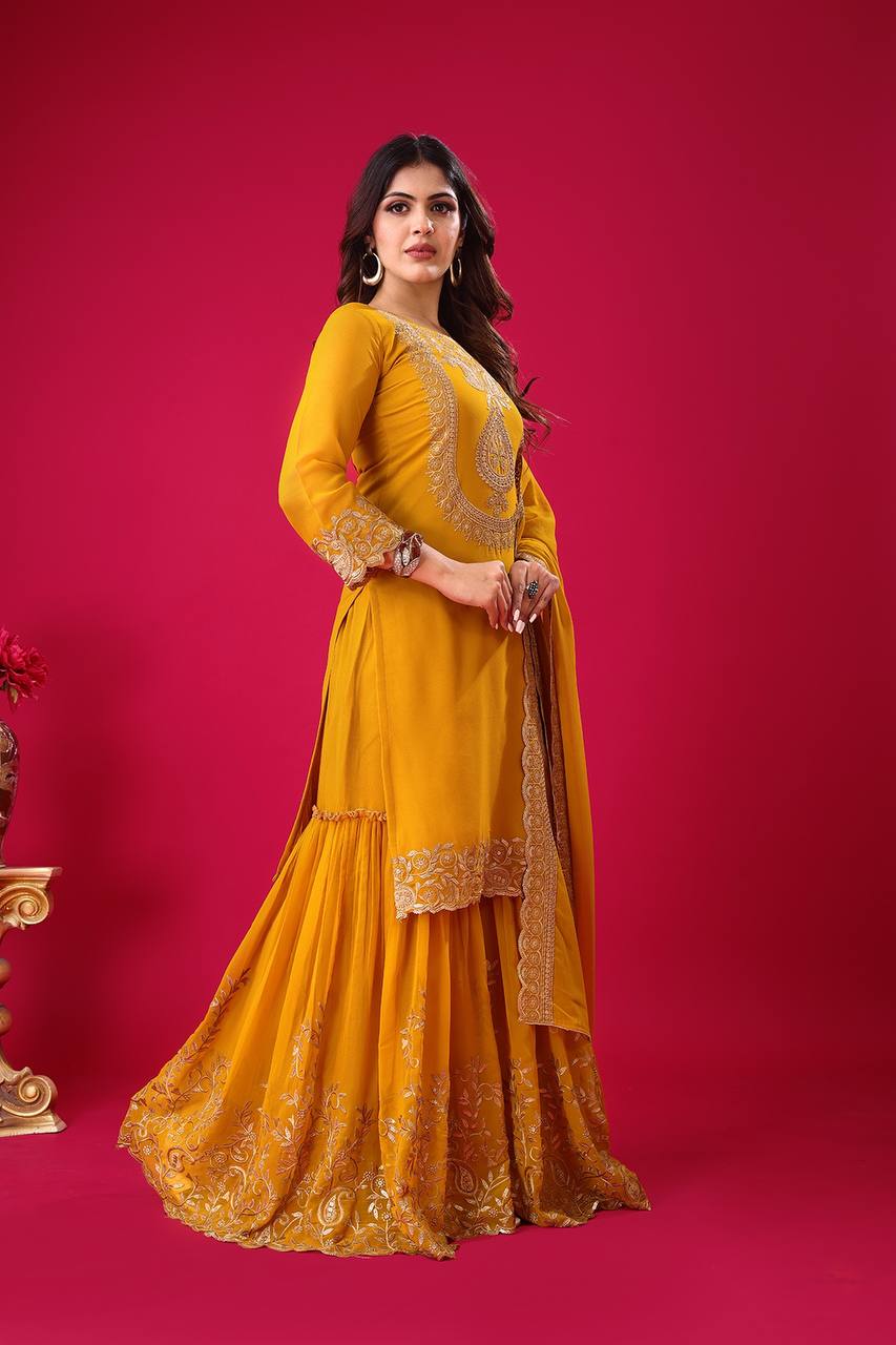 Embroidered Georgette Sharara Suit – Premium Party Wear Set with Dupatta KFS-5242
