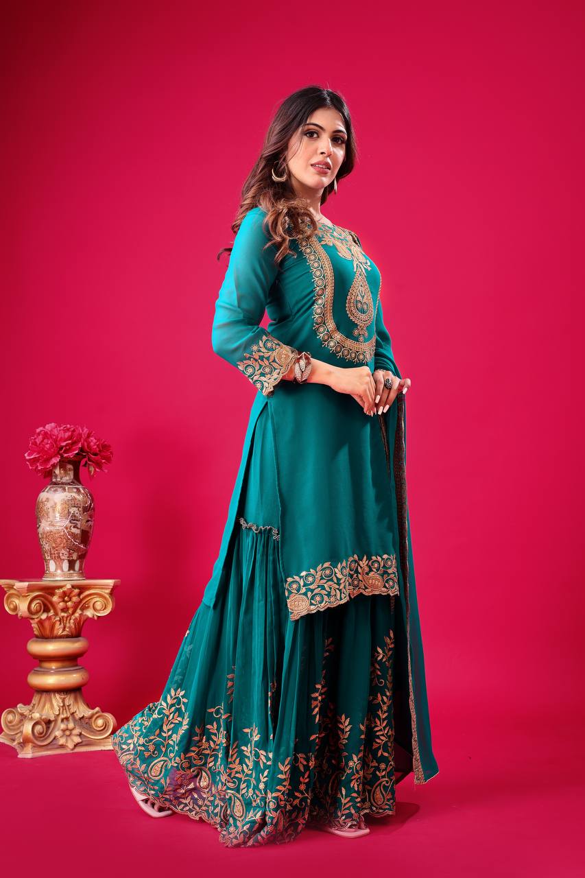 Embroidered Georgette Sharara Suit – Premium Party Wear Set with Dupatta KFS-5242