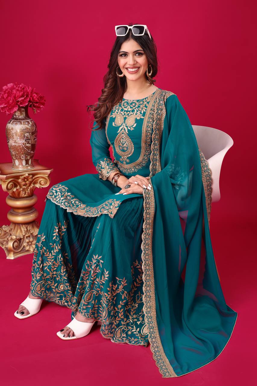 Embroidered Georgette Sharara Suit – Premium Party Wear Set with Dupatta KFS-5242