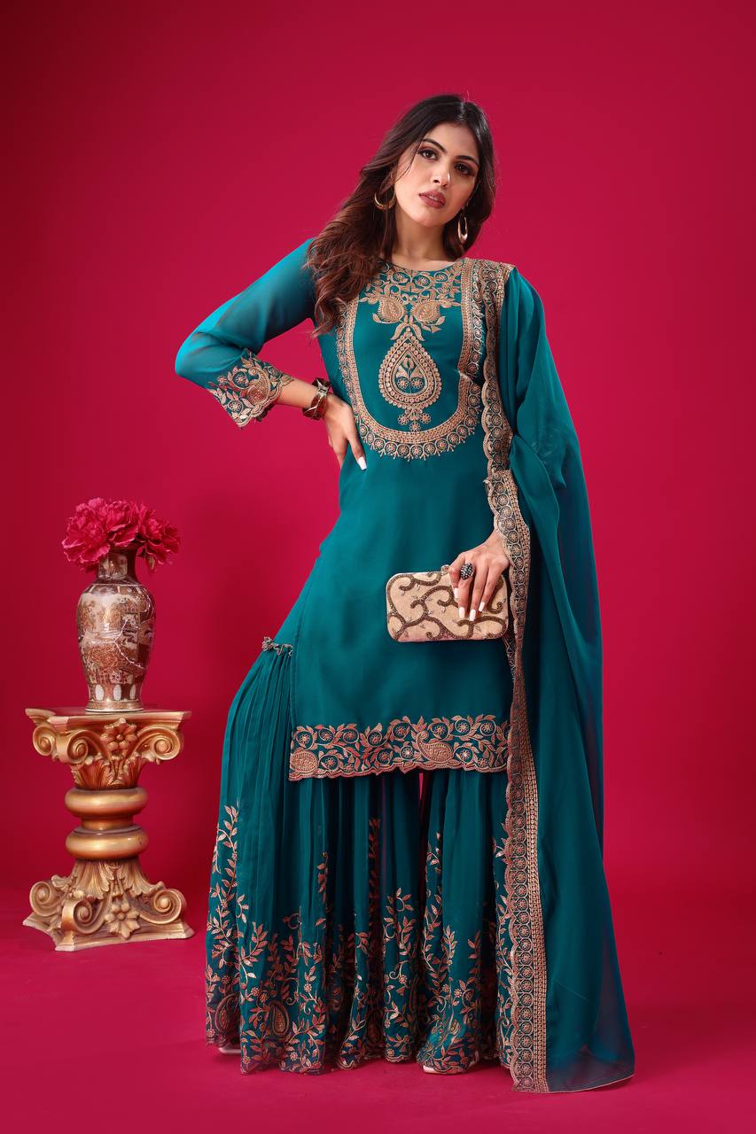 Embroidered Georgette Sharara Suit – Premium Party Wear Set with Dupatta KFS-5242