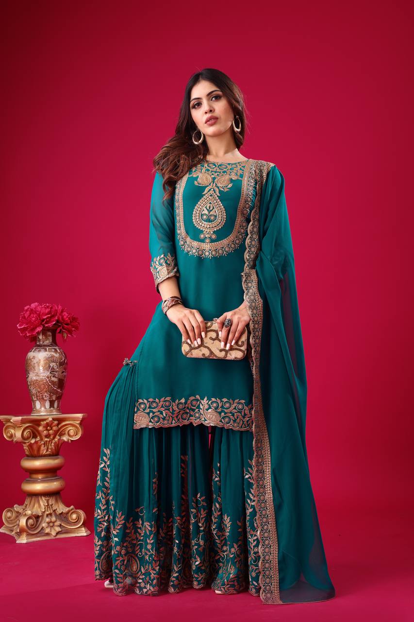 Embroidered Georgette Sharara Suit – Premium Party Wear Set with Dupatta KFS-5242