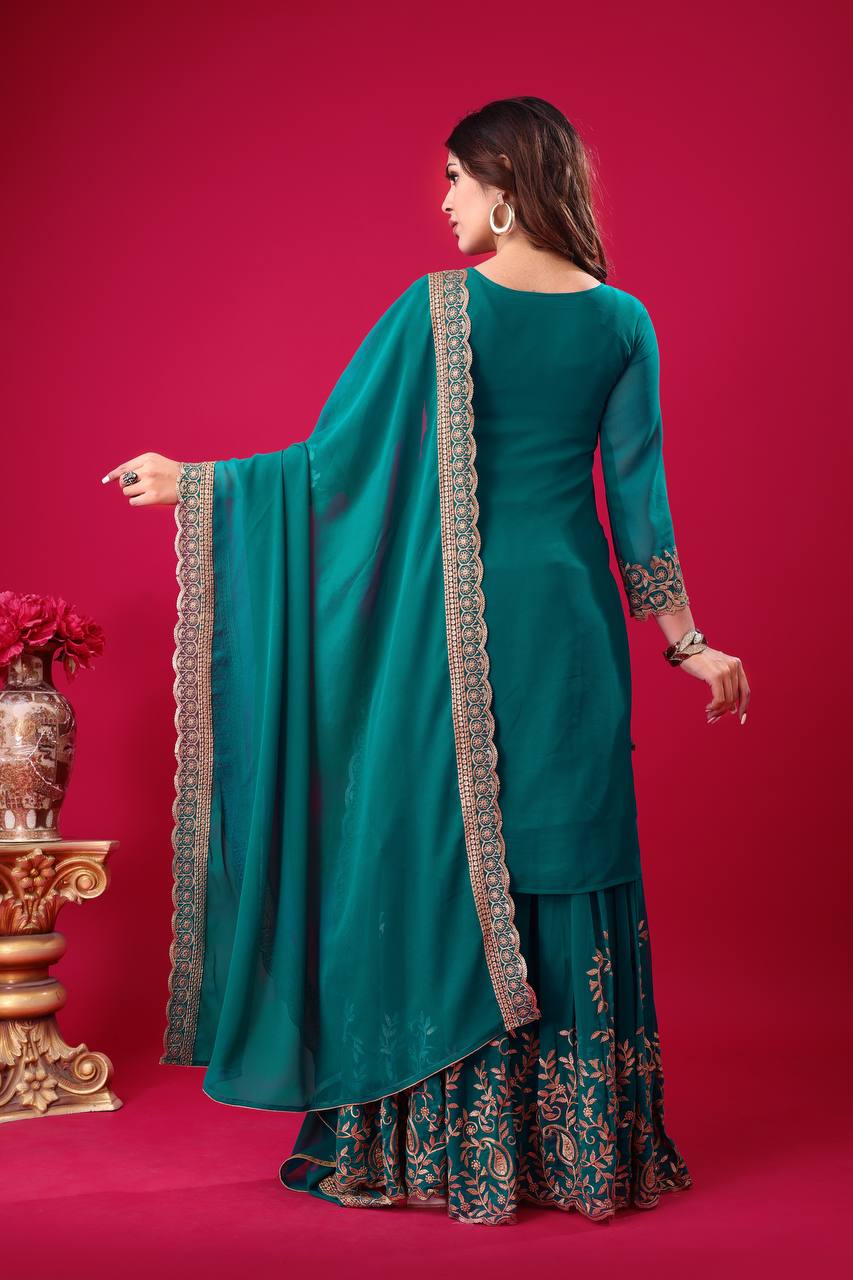 Embroidered Georgette Sharara Suit – Premium Party Wear Set with Dupatta KFS-5242