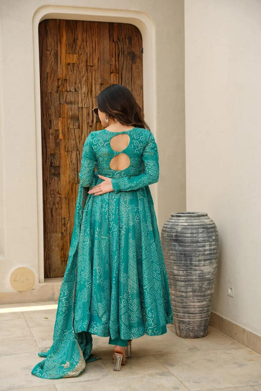 NARGIS RAMA GREEN BANDHEJ MASLIN ANARKALI SUIT SET
