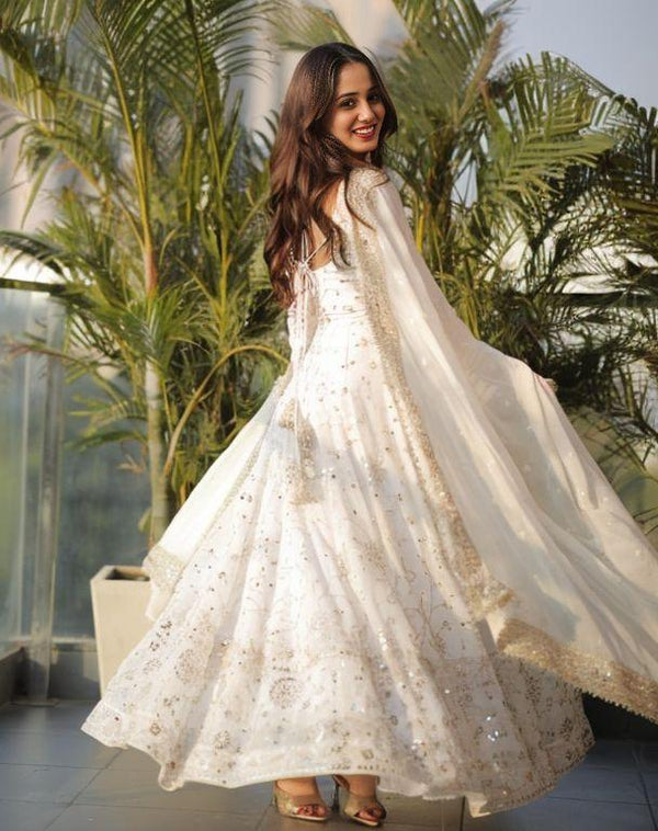 Nargish Off White Suit Set With Embroidery and Sequnce Work