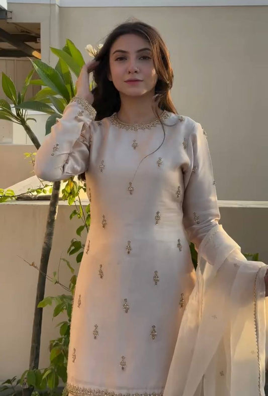 Embroidered Pakistani Formal Suit | Long Kurti with Gharara Pants & Dupatta KFP-1096