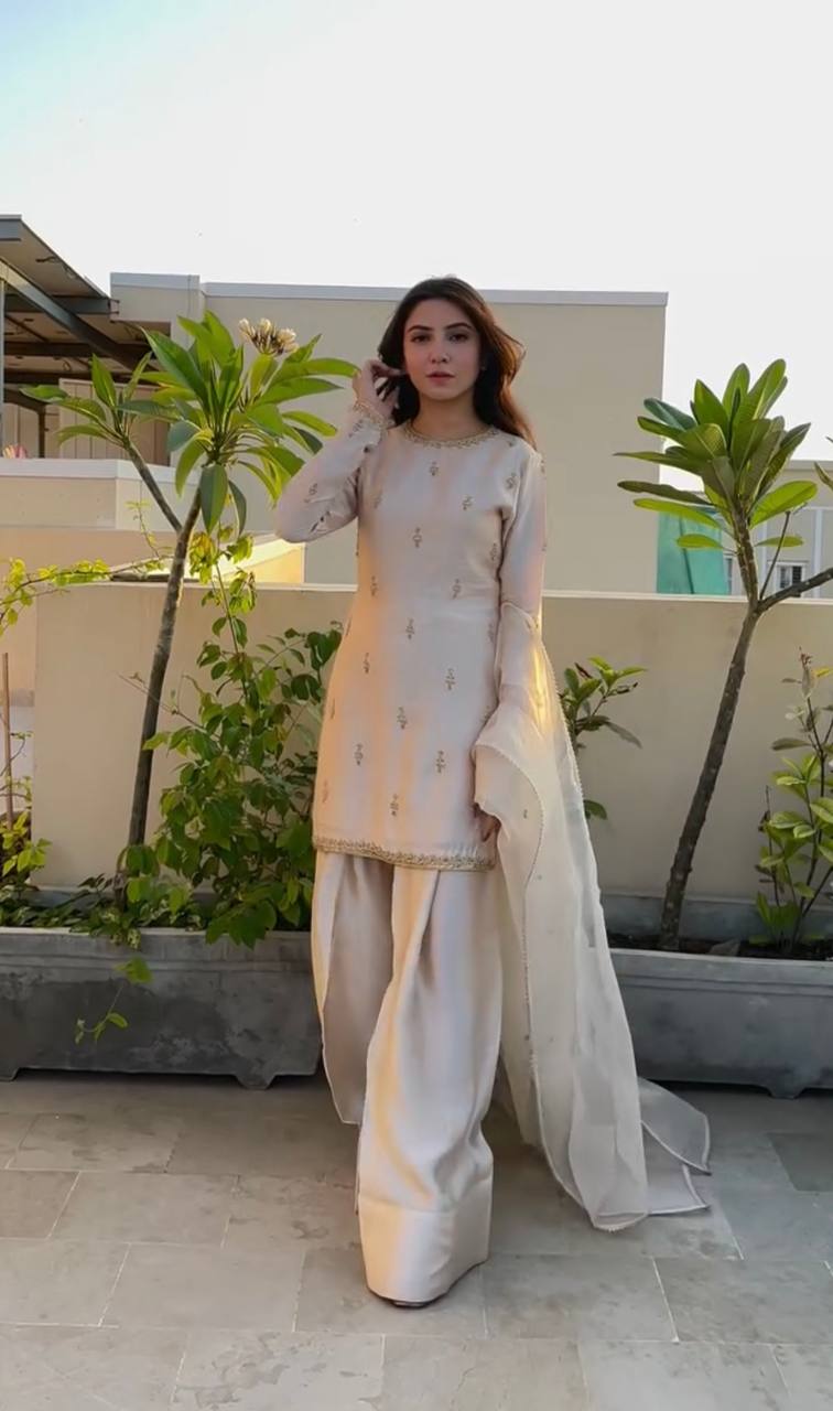 Embroidered Pakistani Formal Suit | Long Kurti with Gharara Pants & Dupatta KFP-1096