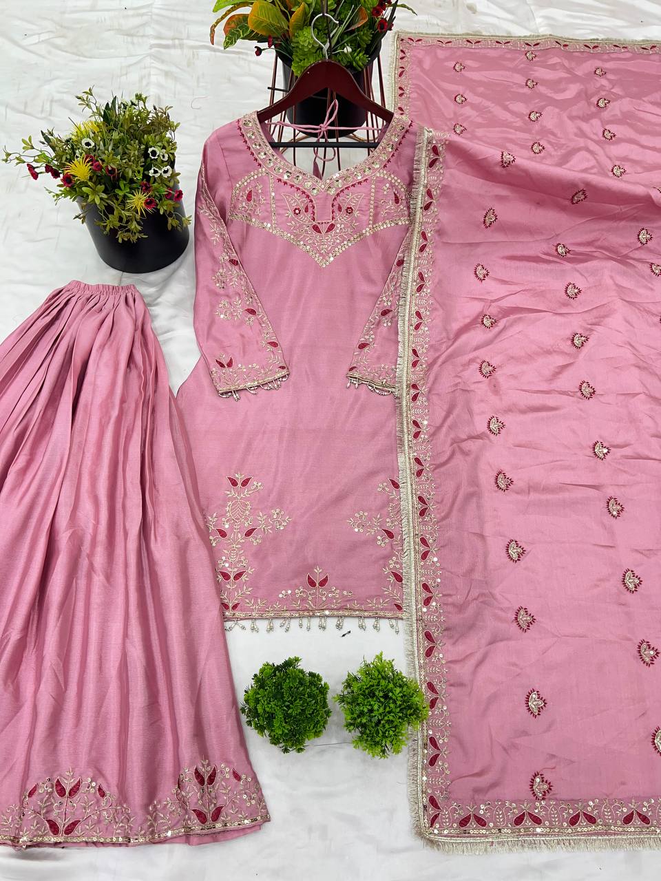 Embroidered Straight Suit with Palazzo and Heavy Work Dupatta KFZ-3114
