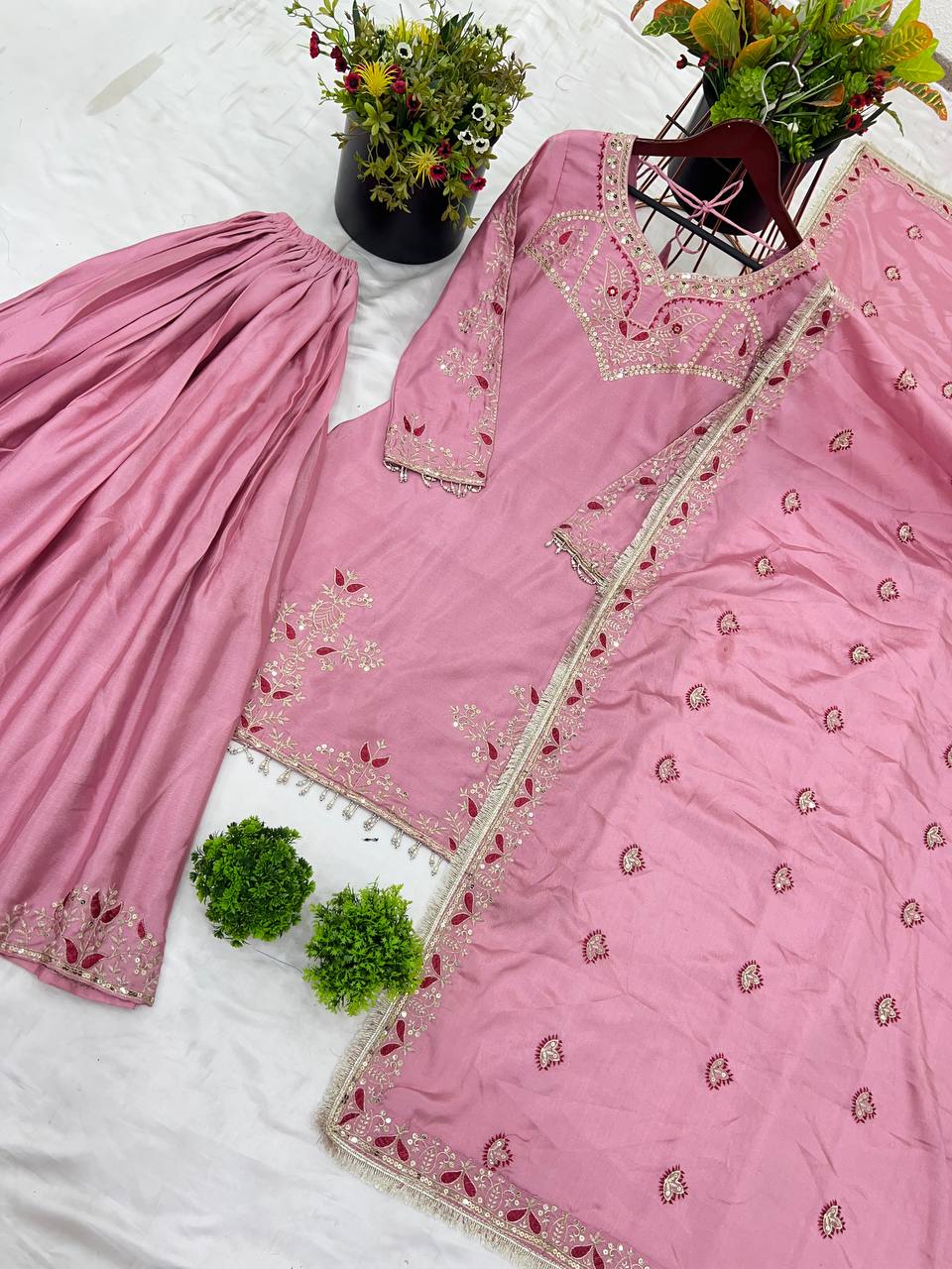 Embroidered Straight Suit with Palazzo and Heavy Work Dupatta KFZ-3114
