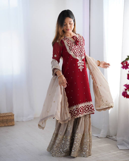 Chinnon Embroidered Kurta with Heavy Sharara and Dupatta KFZ-3110