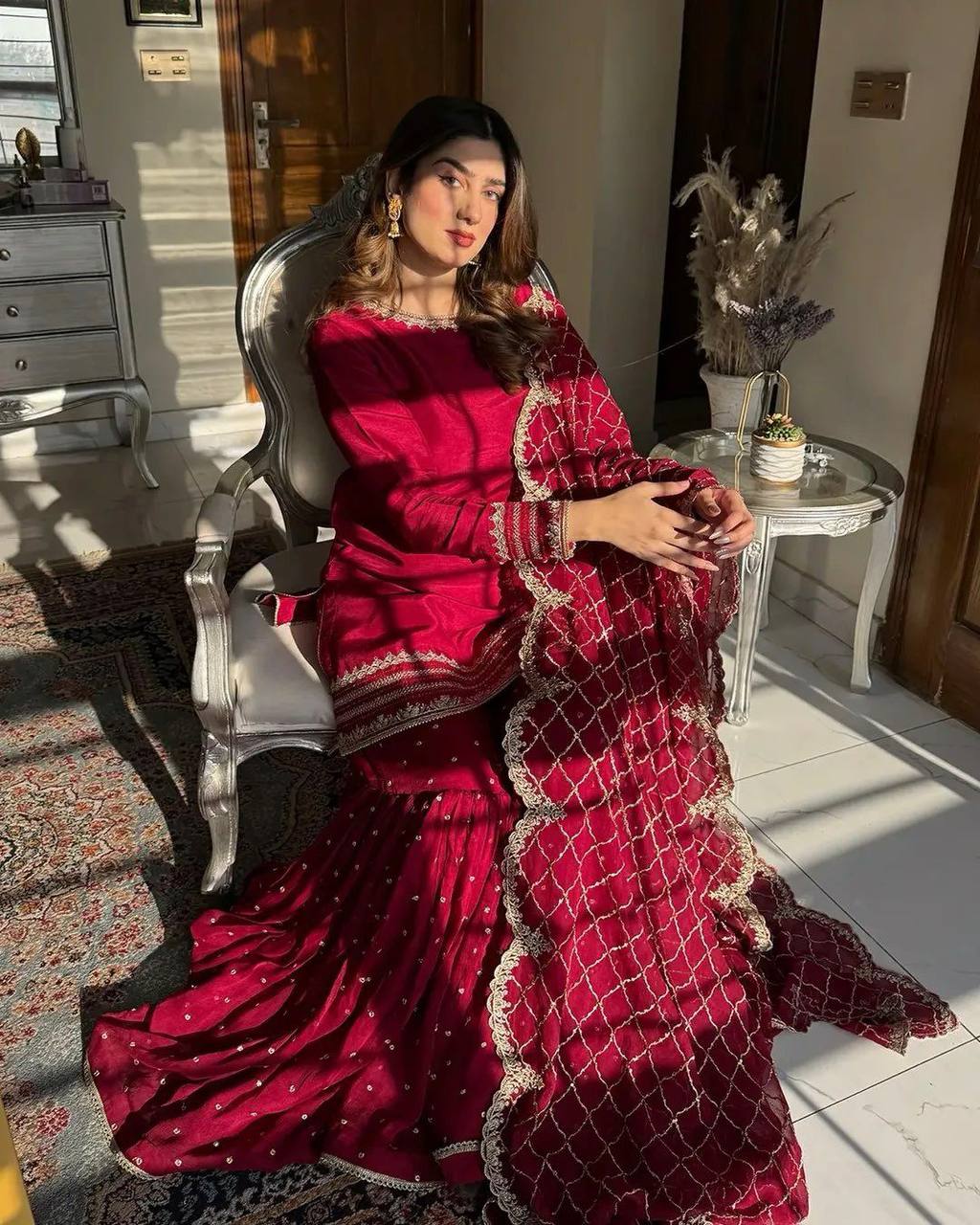Presenting New Red Color Designer Party Wear Set – Embroidered Top, Plazzo & Dupatta KRS-5261