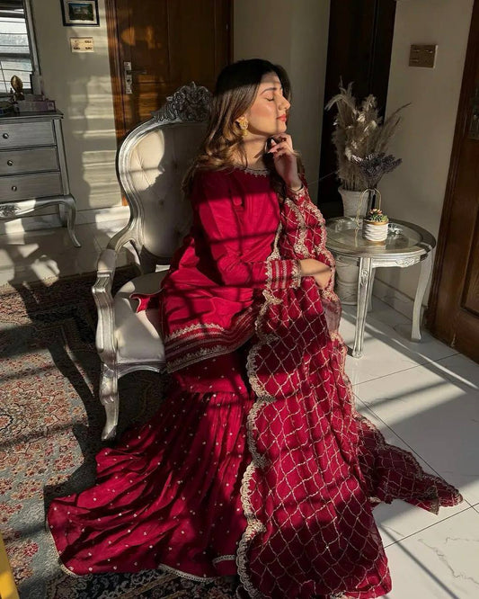Presenting New Red Color Designer Party Wear Set – Embroidered Top, Plazzo & Dupatta KRS-5261