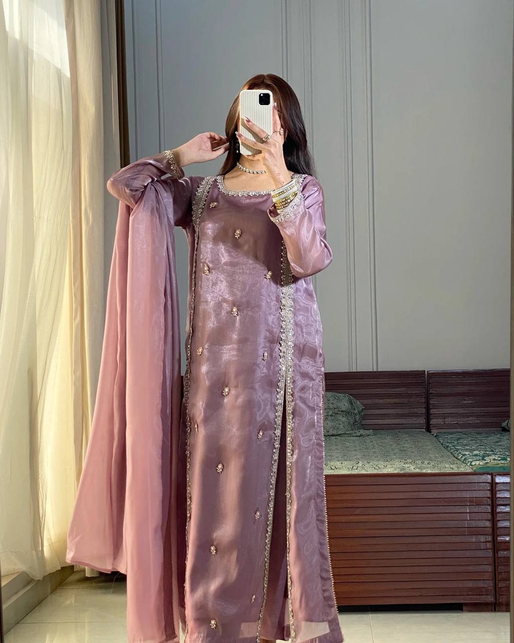 Latest Party Wear Look – Jimmy Choo Silk Top with Plazzo and Dupatta Set RSN-851