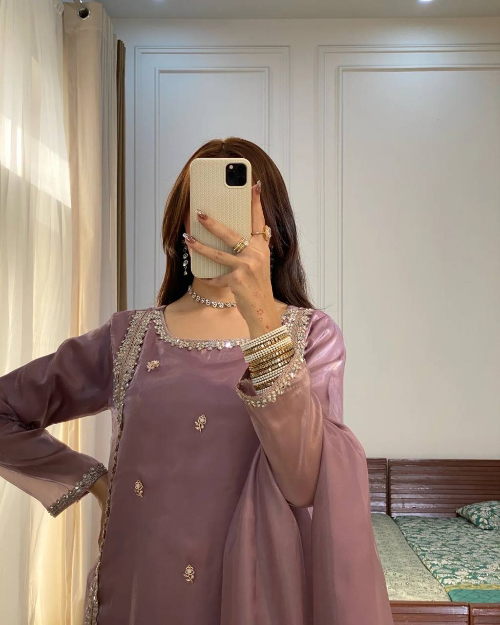 Latest Party Wear Look – Jimmy Choo Silk Top with Plazzo and Dupatta Set RSN-851