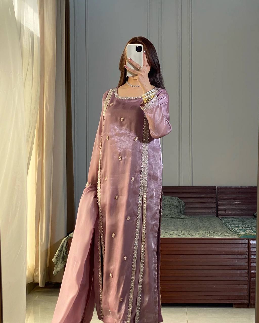 Latest Party Wear Look – Jimmy Choo Silk Top with Plazzo and Dupatta Set RSN-851
