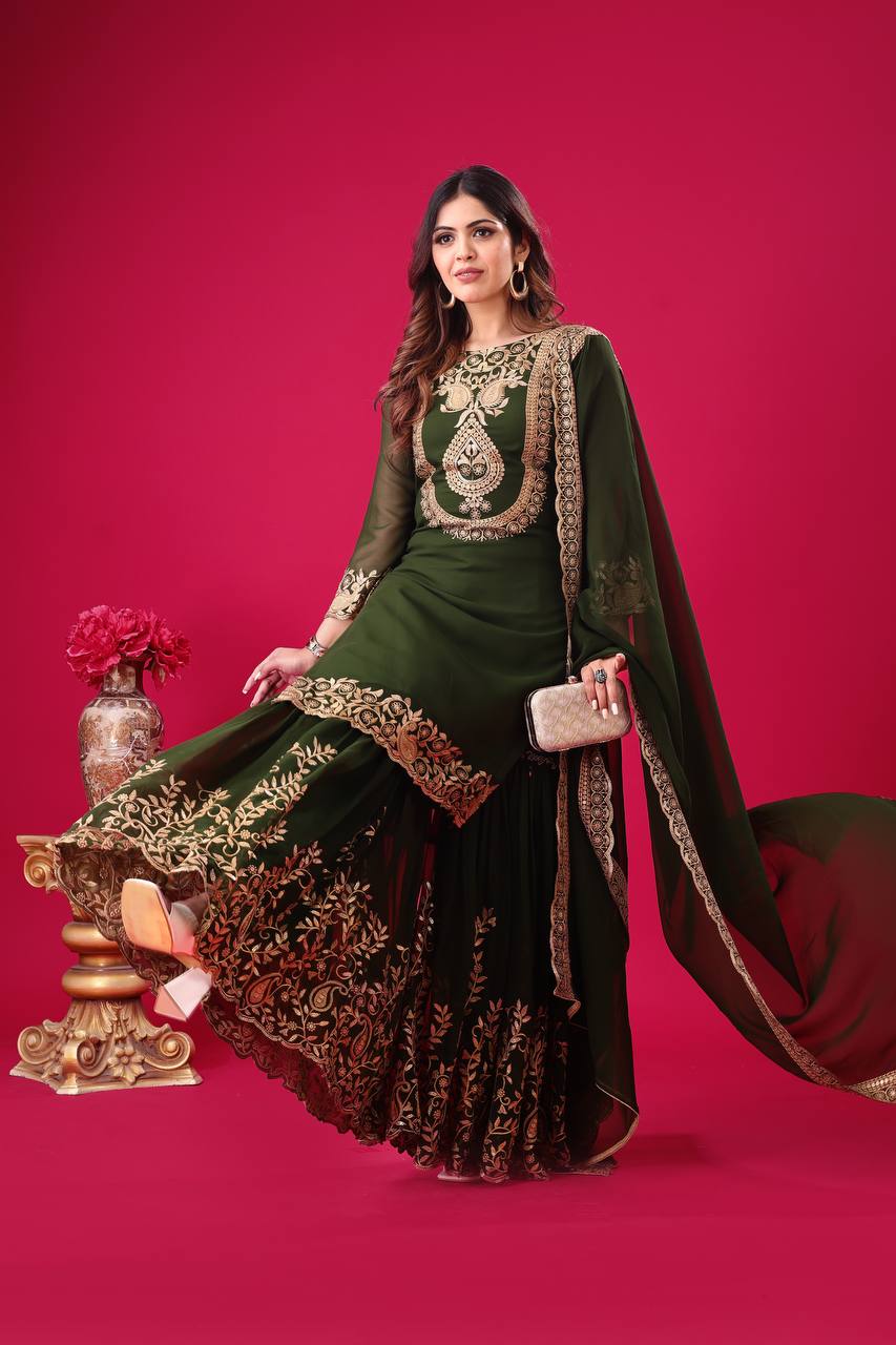 Embroidered Georgette Sharara Suit – Premium Party Wear Set with Dupatta KFS-5242