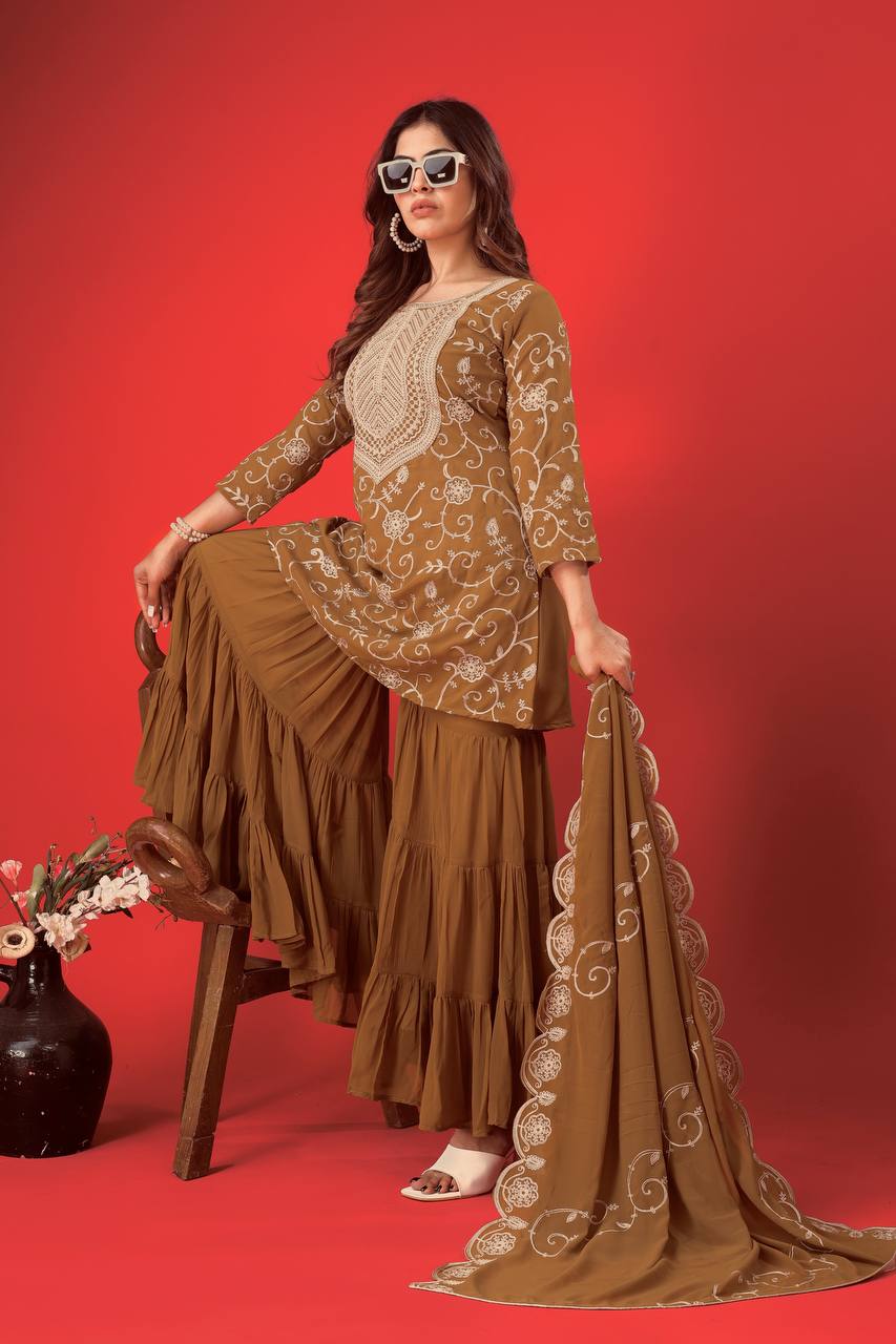 Embroidered Sharara Set for Women – Georgette Top, Flared Sharara & Lace Dupatta KFZ-5005