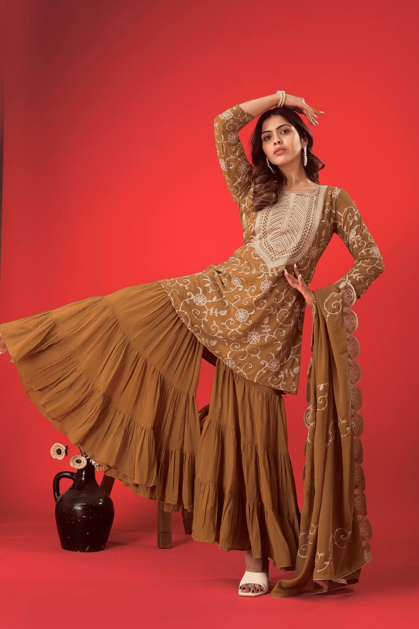 Embroidered Sharara Set for Women – Georgette Top, Flared Sharara & Lace Dupatta KFZ-5005