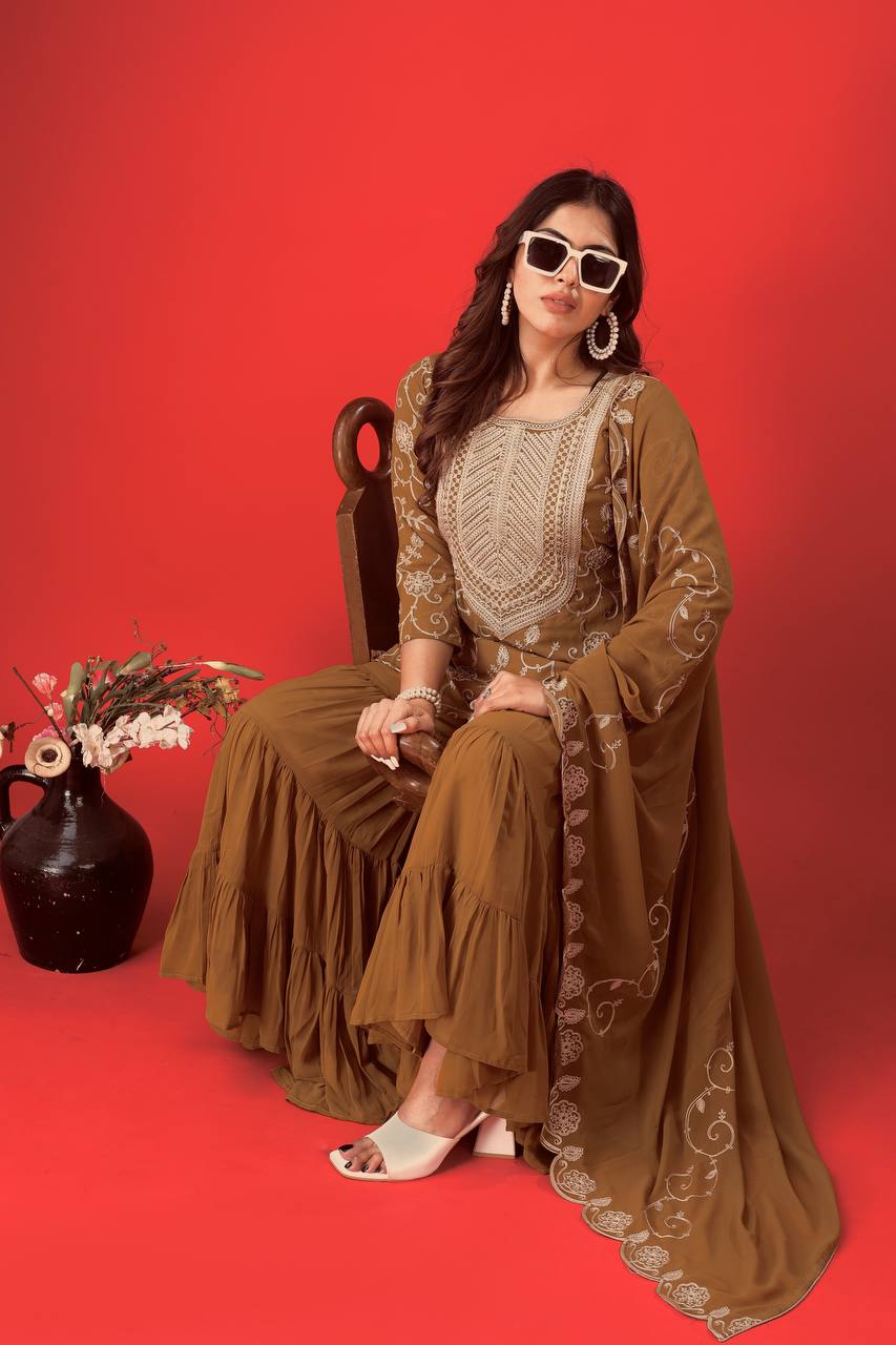 Embroidered Sharara Set for Women – Georgette Top, Flared Sharara & Lace Dupatta KFZ-5005