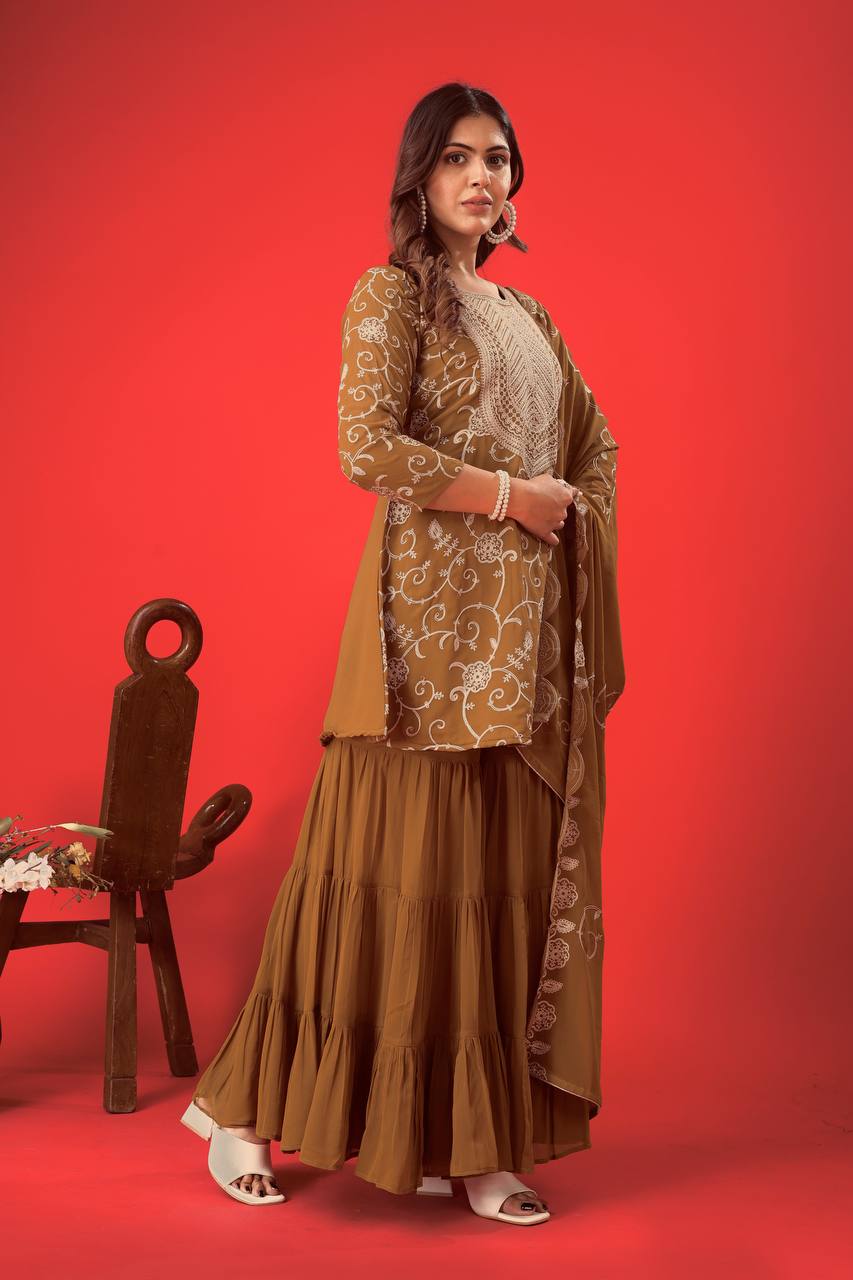 Embroidered Sharara Set for Women – Georgette Top, Flared Sharara & Lace Dupatta KFZ-5005