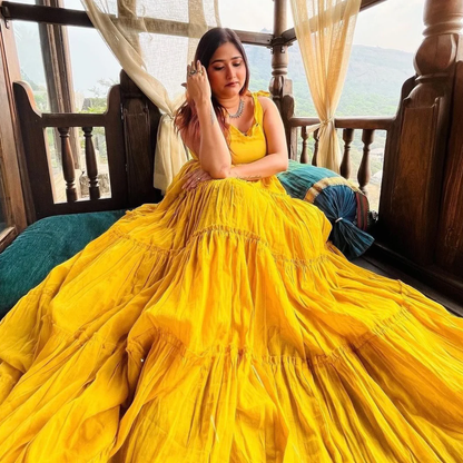 Yellow Tiered Maxi Dress with Tie - up sleeve - Flowy Ethnic Funsion Outfit - 007
