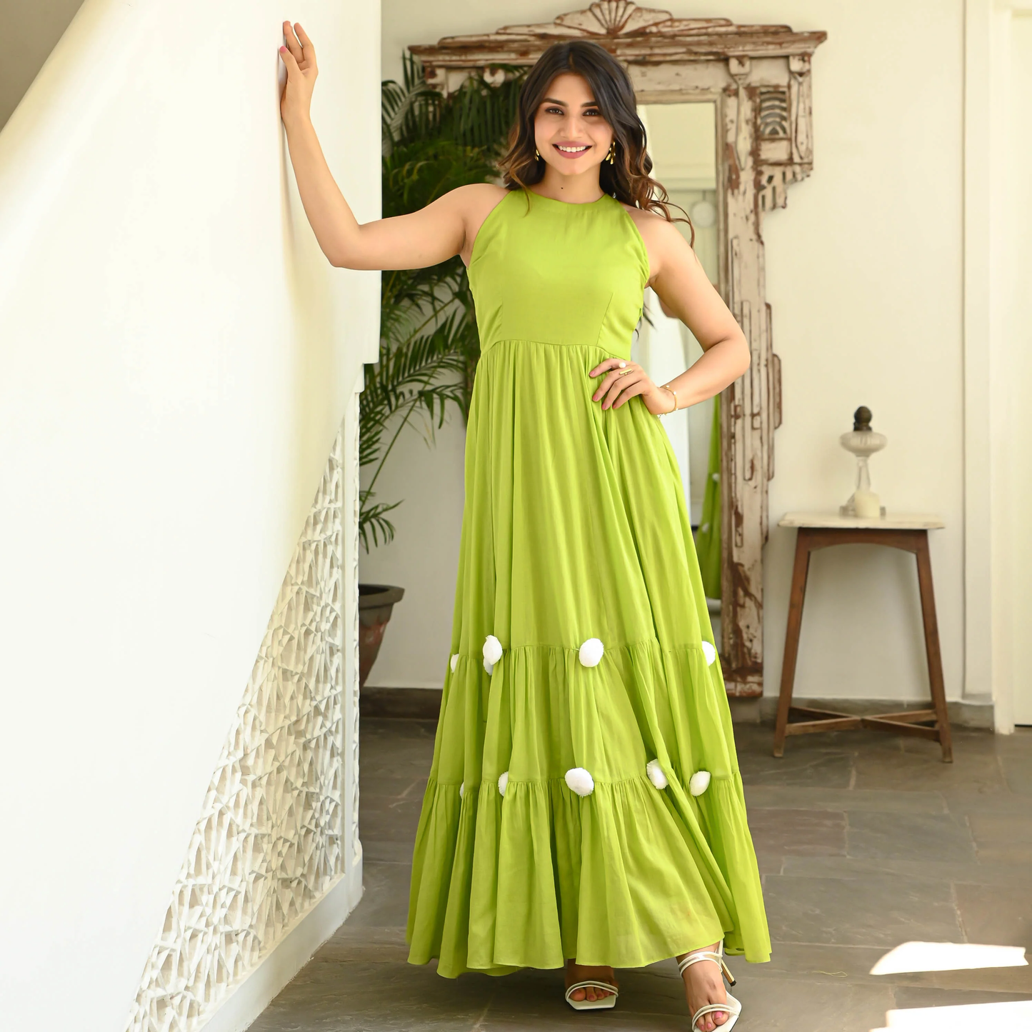 Lime Green Tieres Maxi Dress White pom-pom Detailing - 001