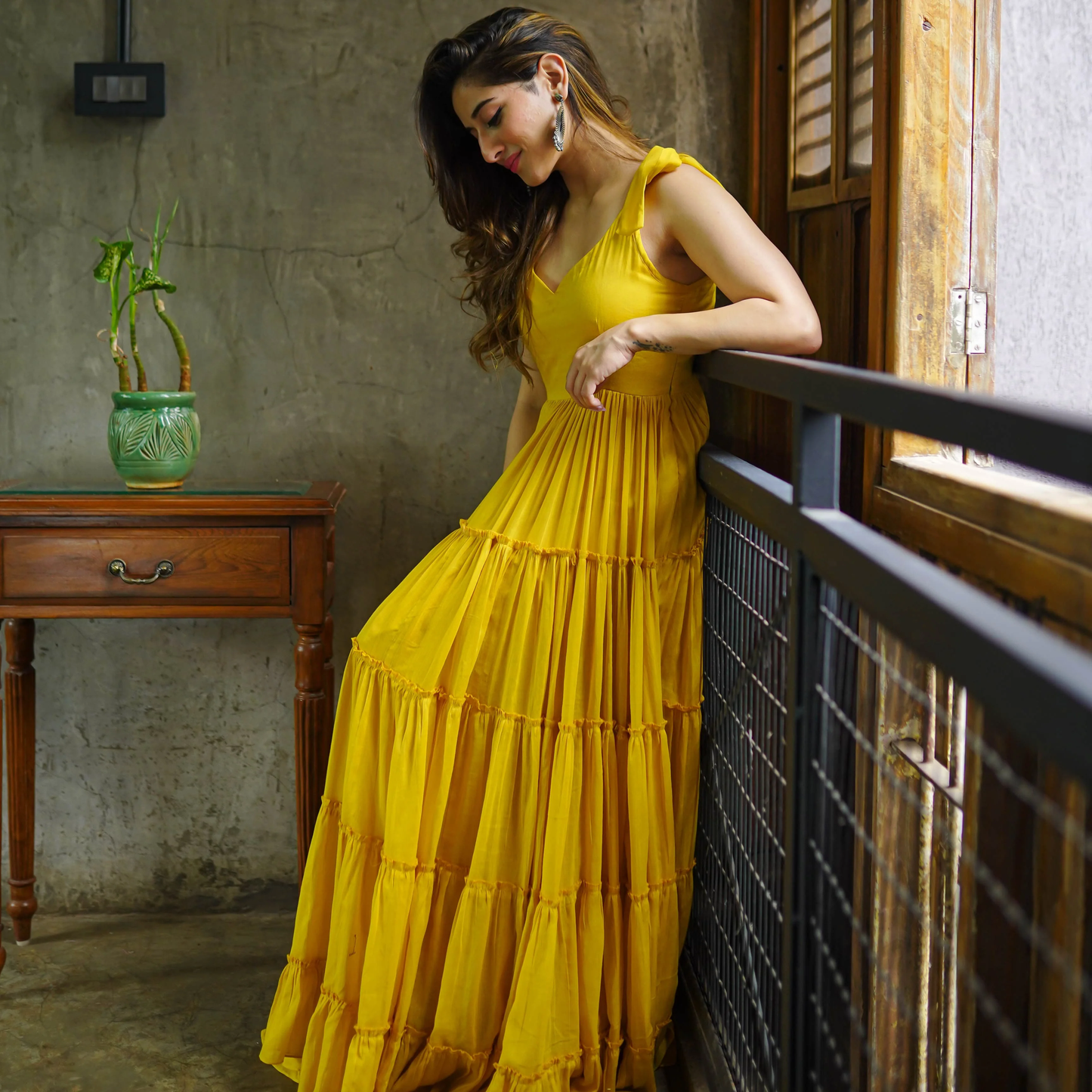 Yellow Tiered Maxi Dress with Tie - up sleeve - Flowy Ethnic Funsion Outfit - 007