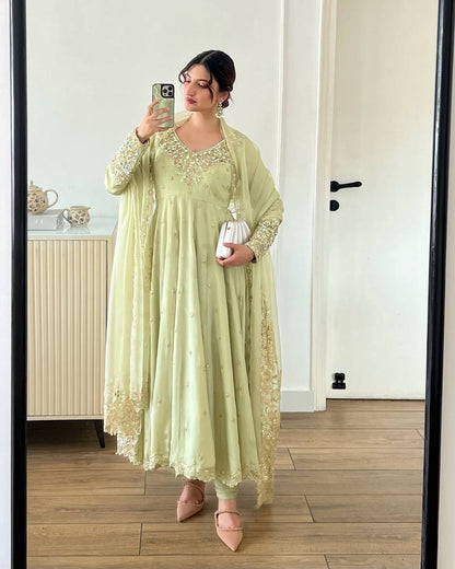 Launching Nargish New Designer Party Wear Pista Color Gown Set.FZ-419
