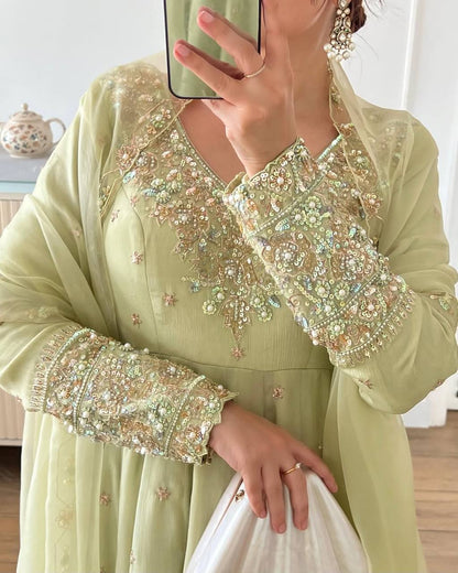 Launching Nargish New Designer Party Wear Pista Color Gown Set.FZ-419