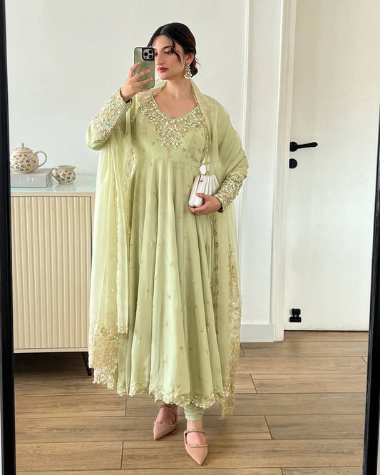 Launching Nargish New Designer Party Wear Pista Color Gown Set.FZ-419