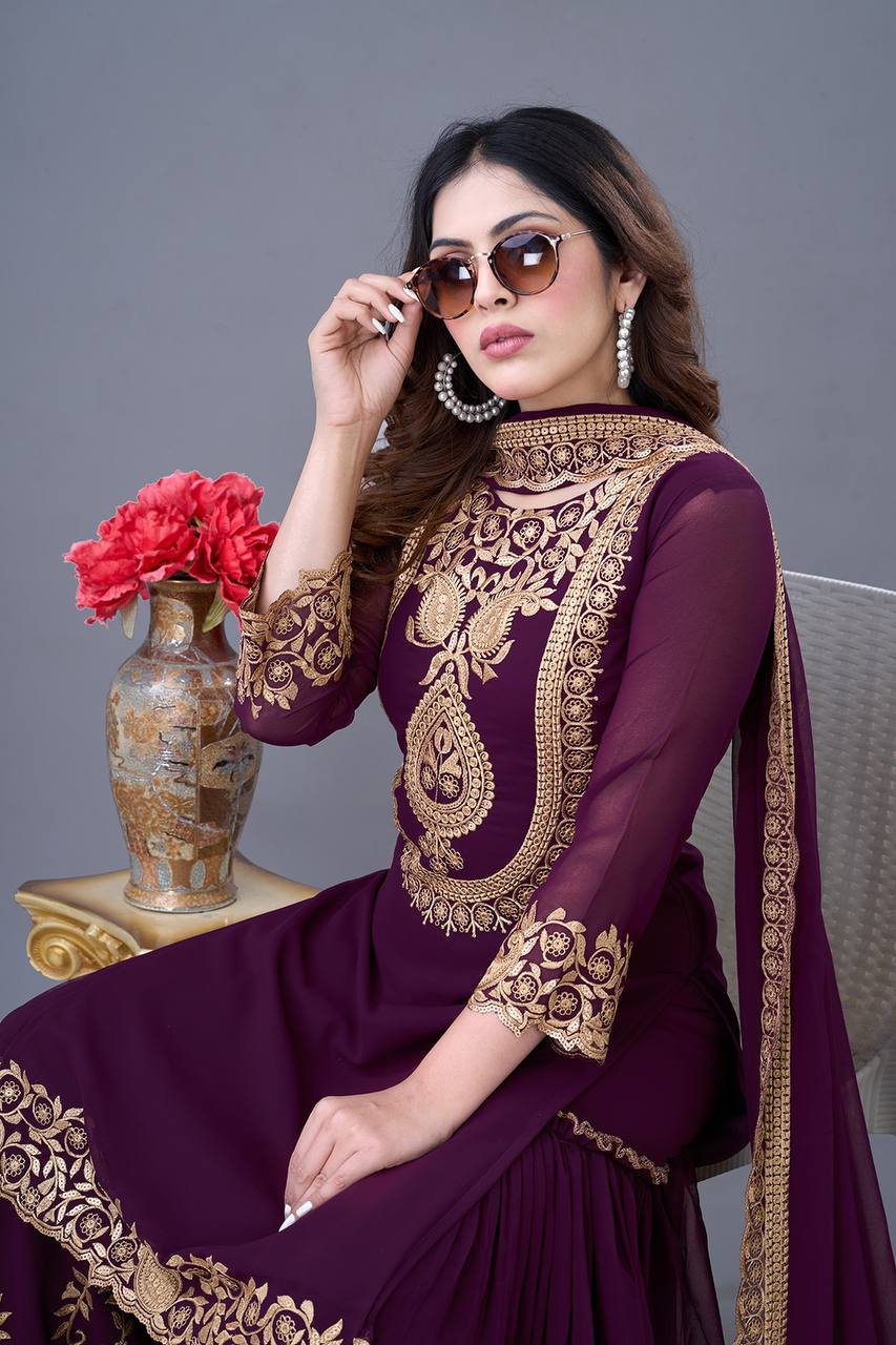 Embroidered Georgette Sharara Suit – Premium Party Wear Set with Dupatta KFS-5242
