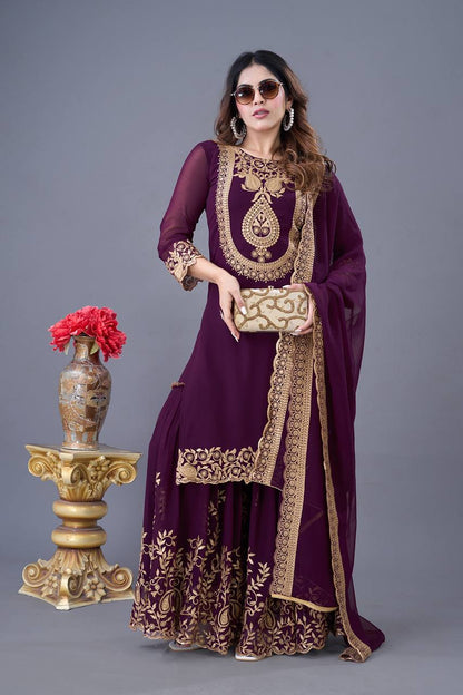 Embroidered Georgette Sharara Suit – Premium Party Wear Set with Dupatta KFS-5242