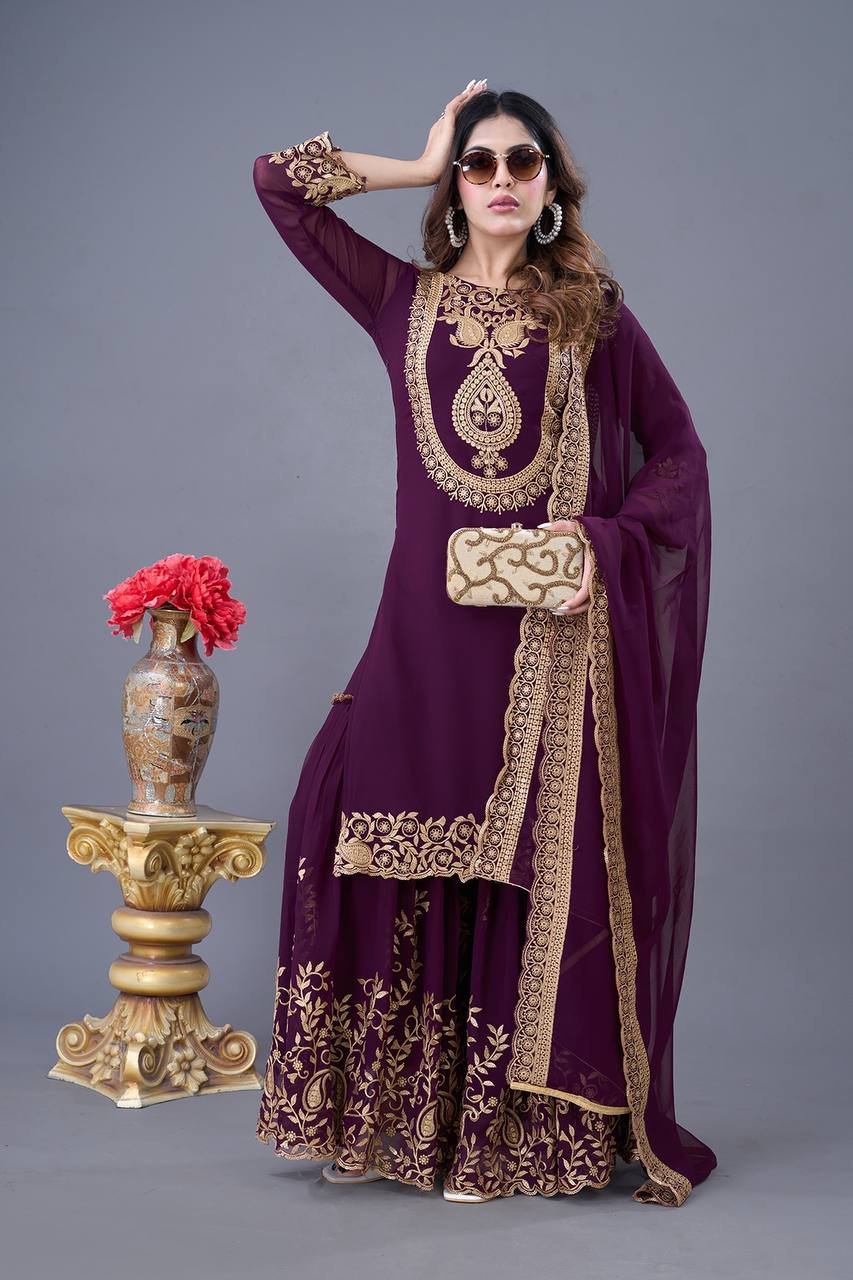 Embroidered Georgette Sharara Suit – Premium Party Wear Set with Dupatta KFS-5242