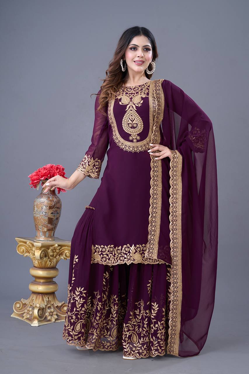 Embroidered Georgette Sharara Suit – Premium Party Wear Set with Dupatta KFS-5242