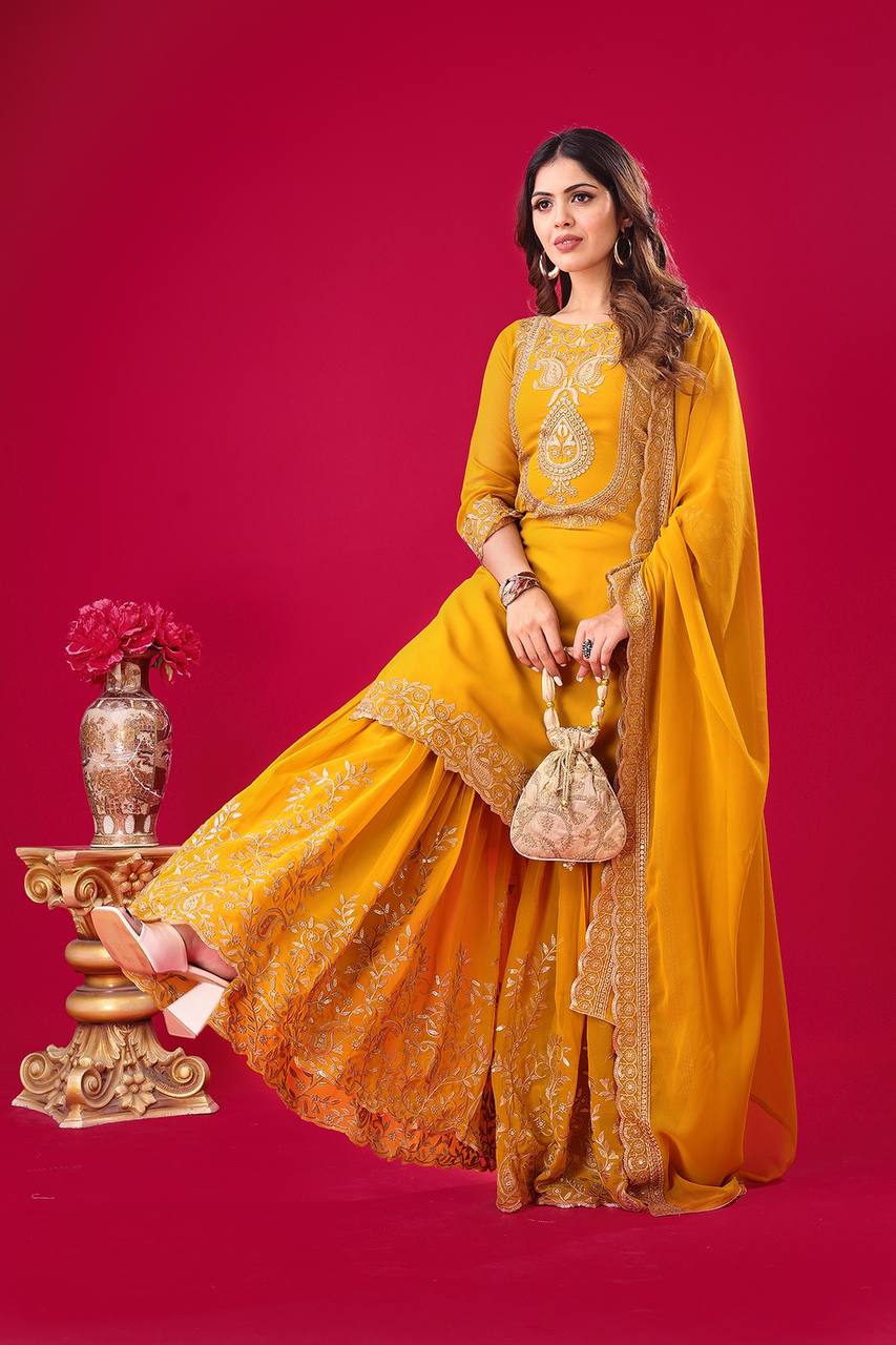 Embroidered Georgette Sharara Suit – Premium Party Wear Set with Dupatta KFS-5242