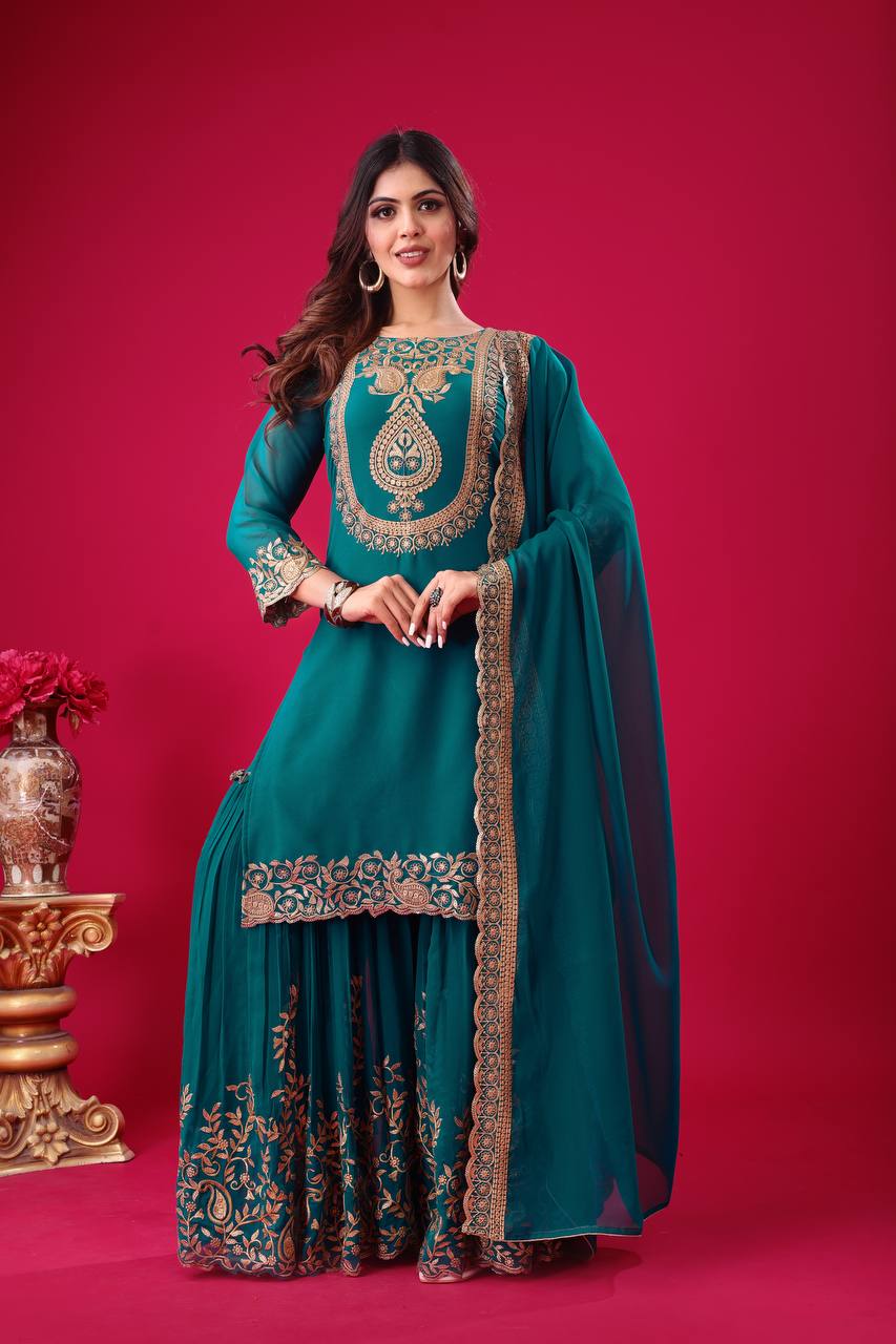Embroidered Georgette Sharara Suit – Premium Party Wear Set with Dupatta KFS-5242