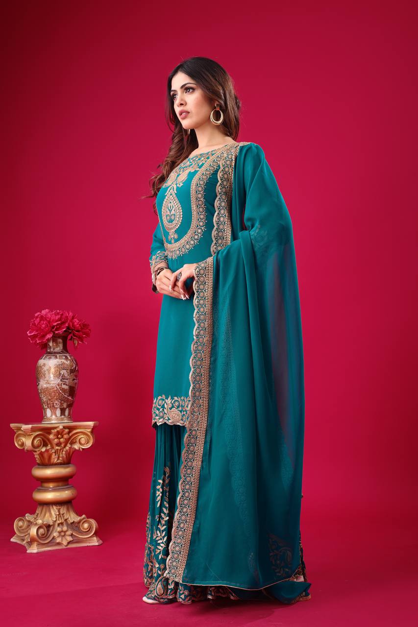 Embroidered Georgette Sharara Suit – Premium Party Wear Set with Dupatta KFS-5242