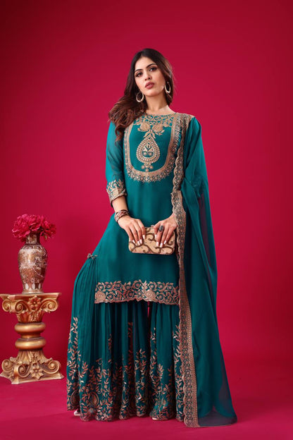 Embroidered Georgette Sharara Suit – Premium Party Wear Set with Dupatta KFS-5242