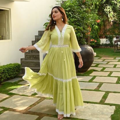 NARGIS  MELLOW GREEN WHITE LACE DRESS - 014