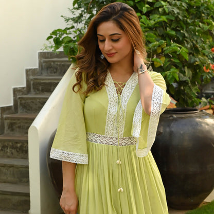 NARGIS  MELLOW GREEN WHITE LACE DRESS - 014