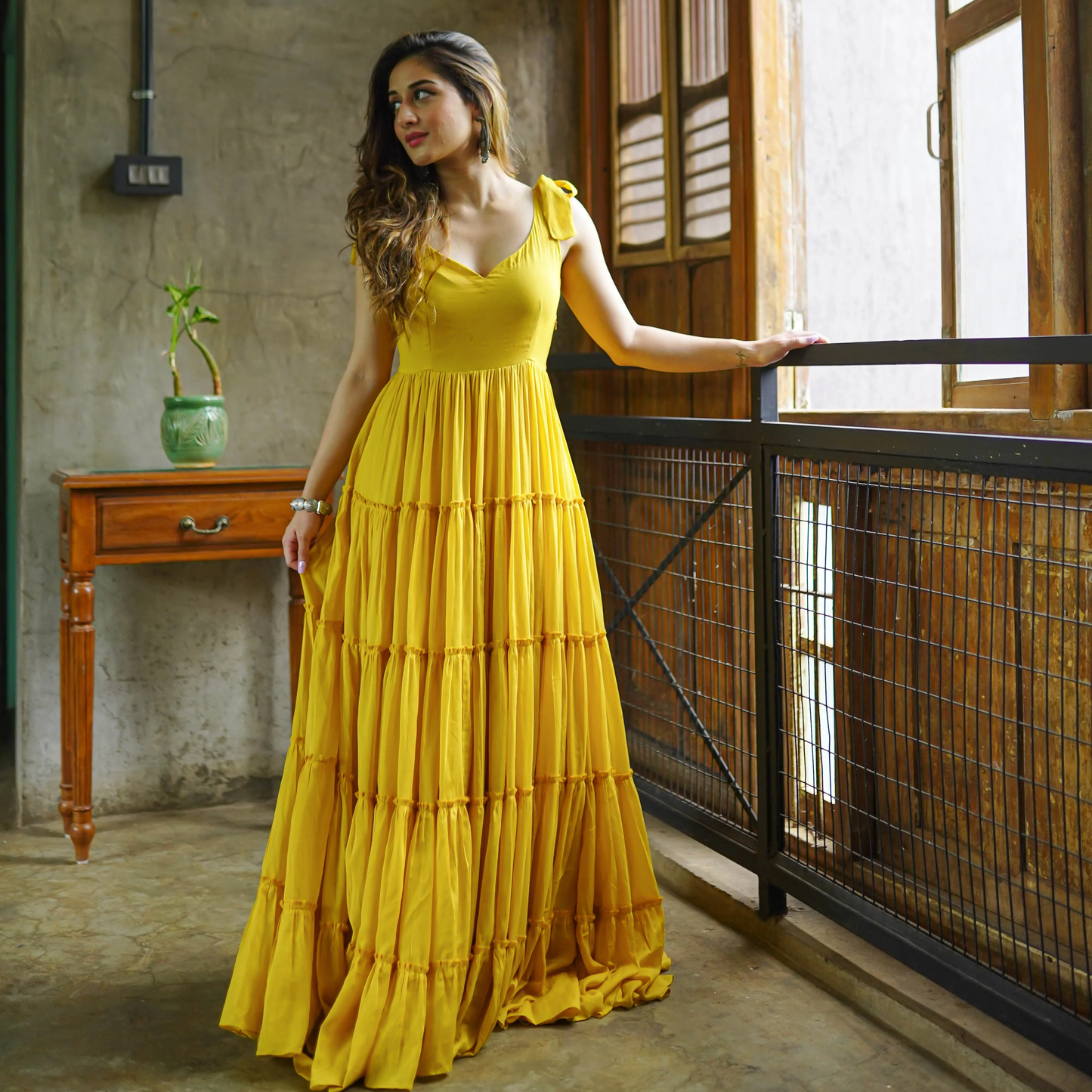Yellow Tiered Maxi Dress with Tie - up sleeve - Flowy Ethnic Funsion Outfit - 007