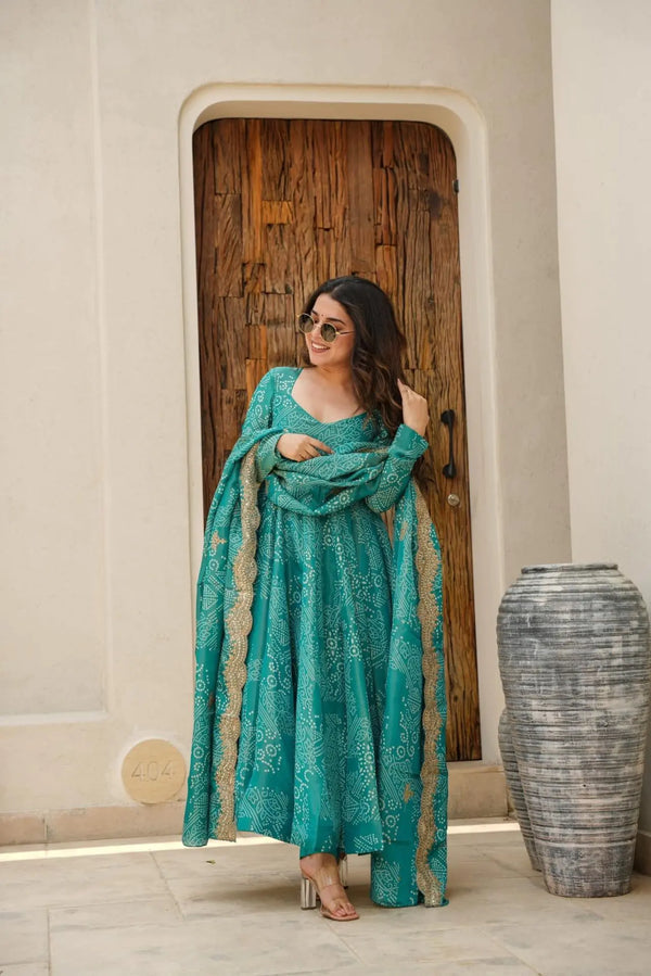 NARGIS RAMA GREEN BANDHEJ MASLIN ANARKALI SUIT SET