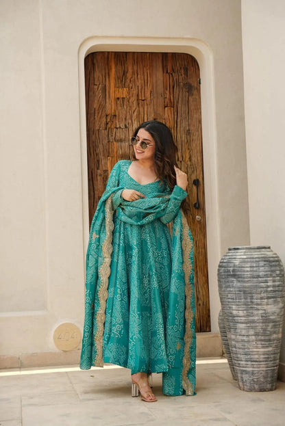 NARGIS RAMA GREEN BANDHEJ MASLIN ANARKALI SUIT SET