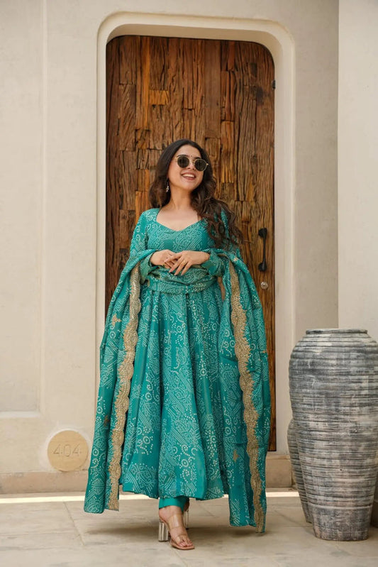 NARGIS RAMA GREEN BANDHEJ MASLIN ANARKALI SUIT SET