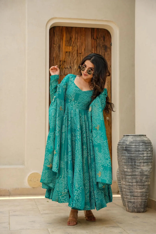 NARGIS RAMA GREEN BANDHEJ MASLIN ANARKALI SUIT SET